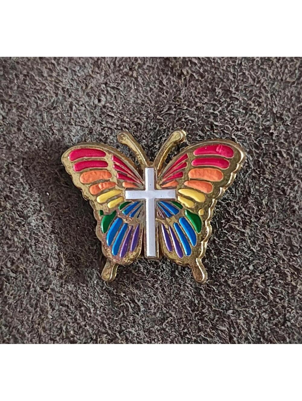 1980's Rainbow Butterfly With White Cross Gold Tone Enamel Pin - Picture 6 of 9